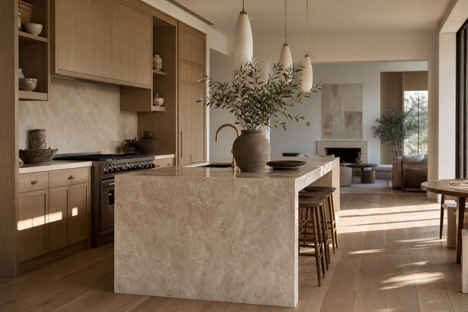 Custom white oak cabinetry and honed travertine kitchen renovation by Home Prime Place