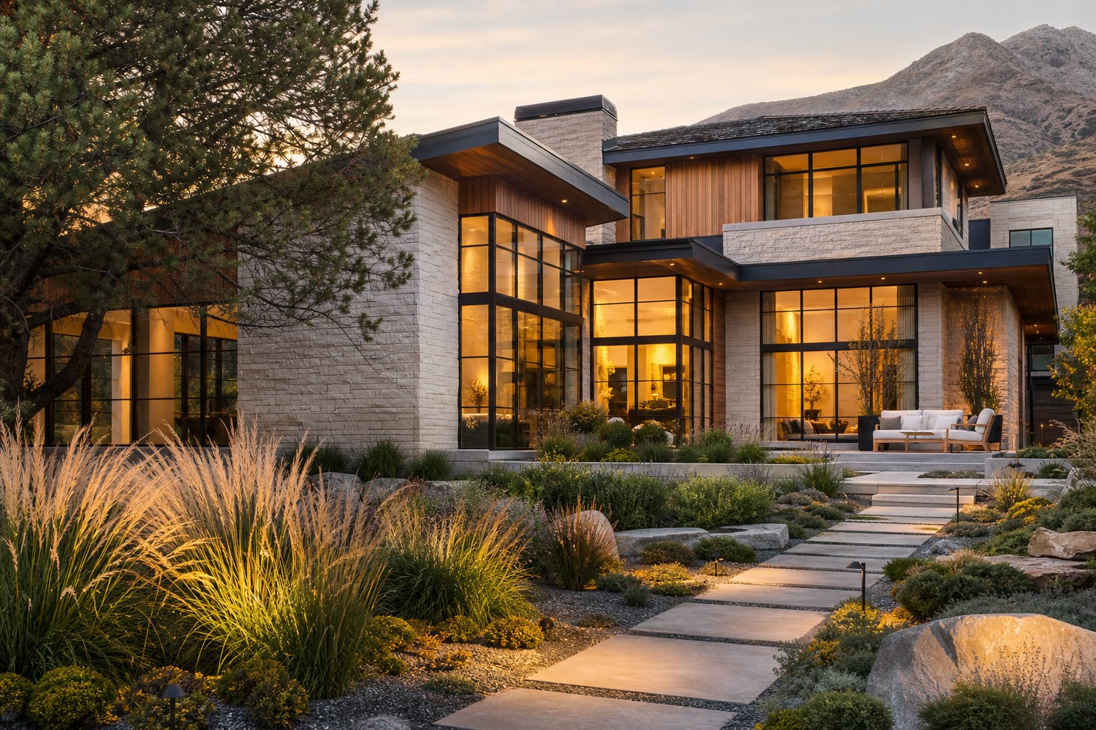 Renovated contemporary American family residence with warm stone facade and glowing windows at dusk