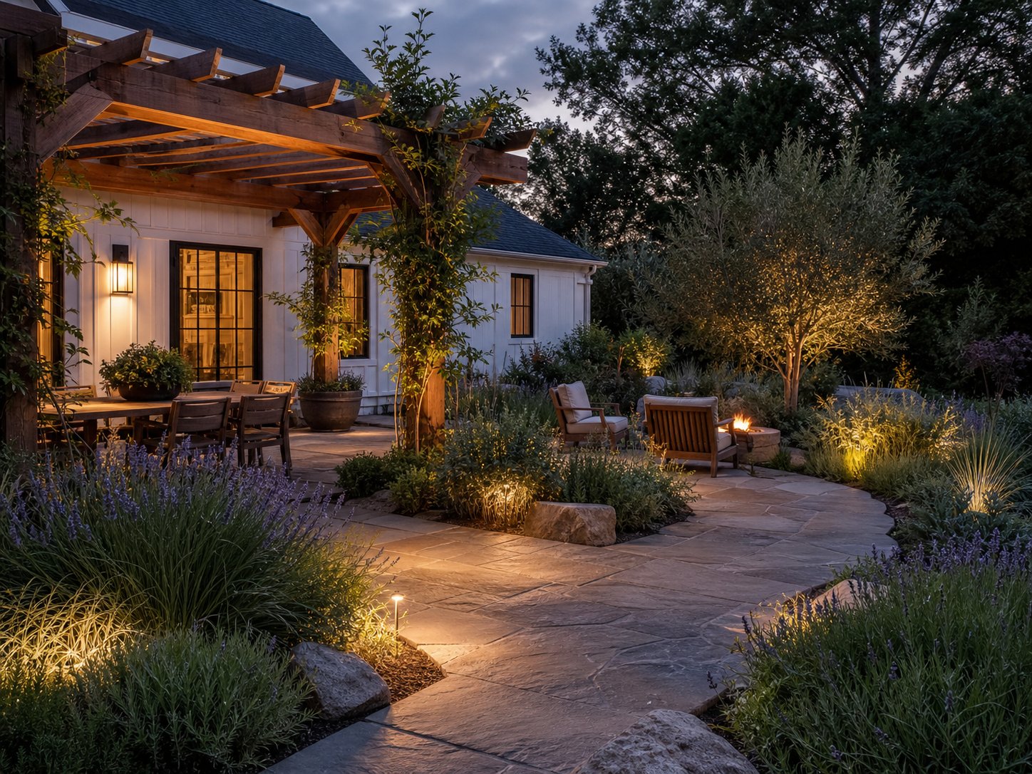 Renovated stone terrace and garden courtyard at dusk