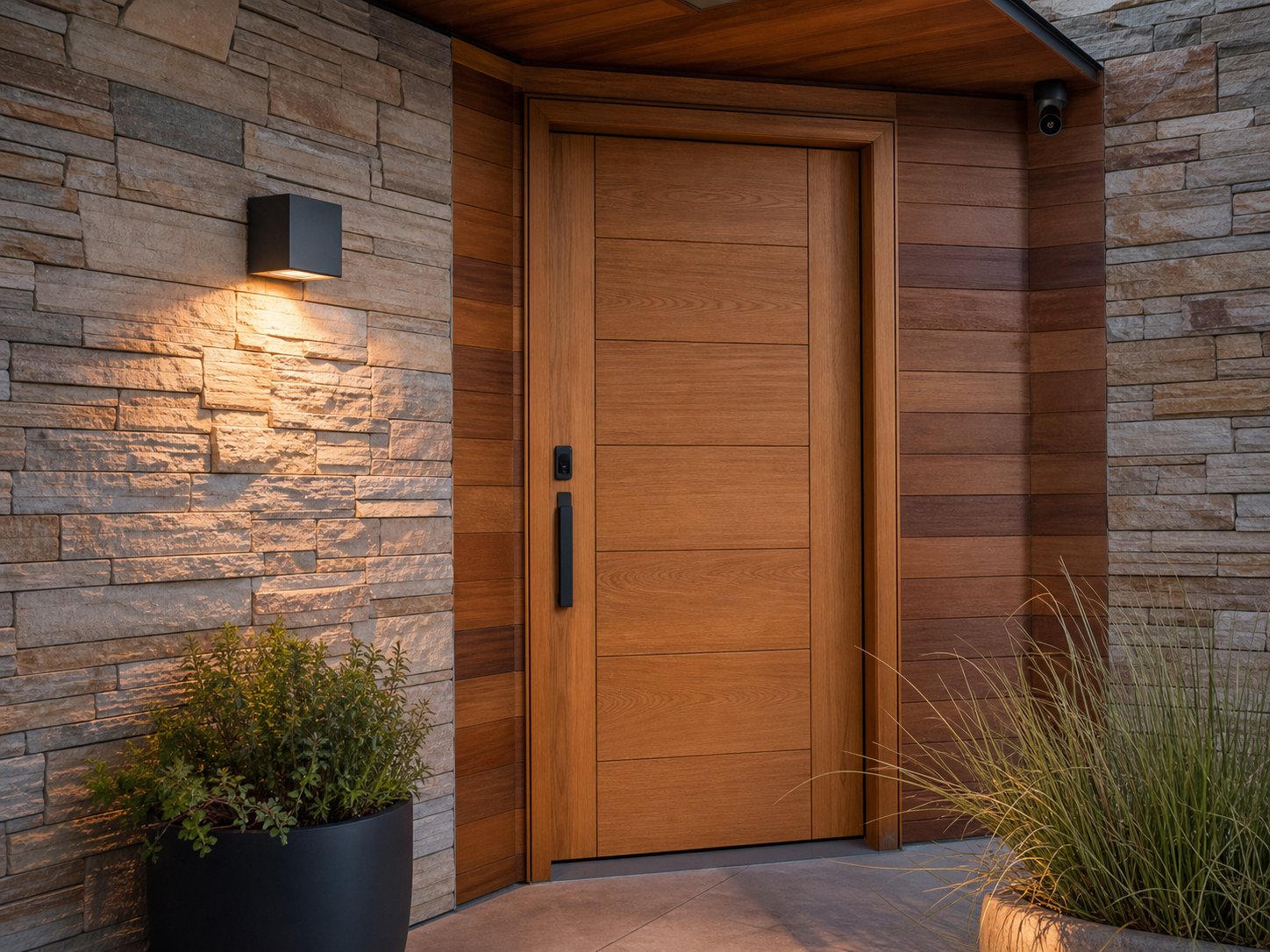 Discreet smart entry lock and architectural camera beside a solid oak residential door