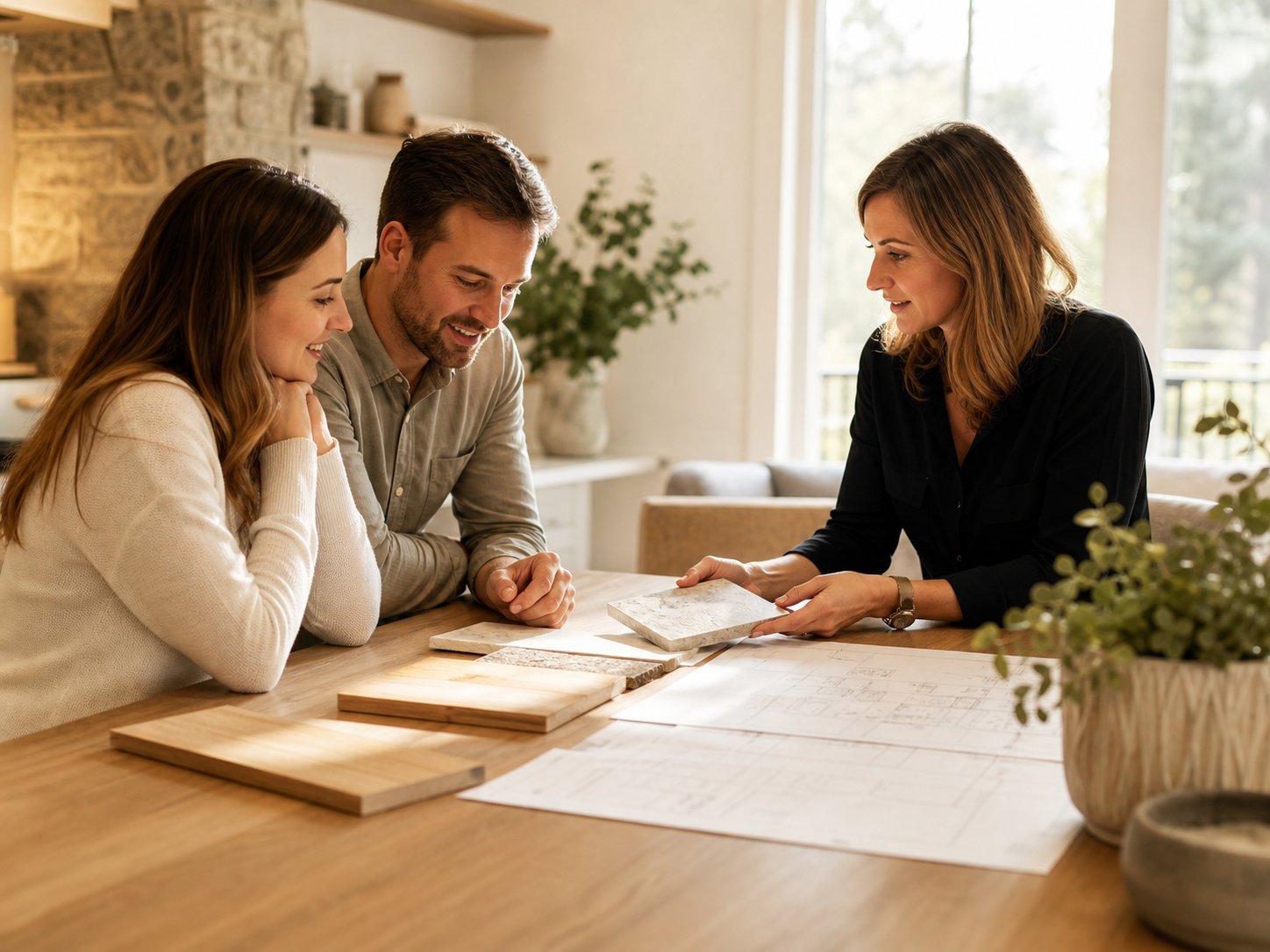 Homeowners reviewing wood and stone samples with a renovation planning specialist