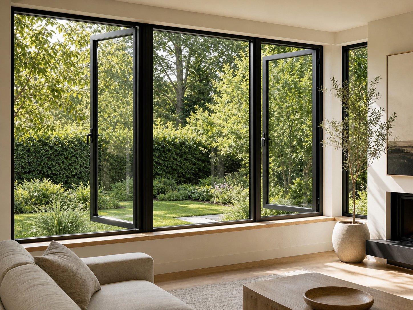 Expansive slim-frame insulated casement windows framing green garden views